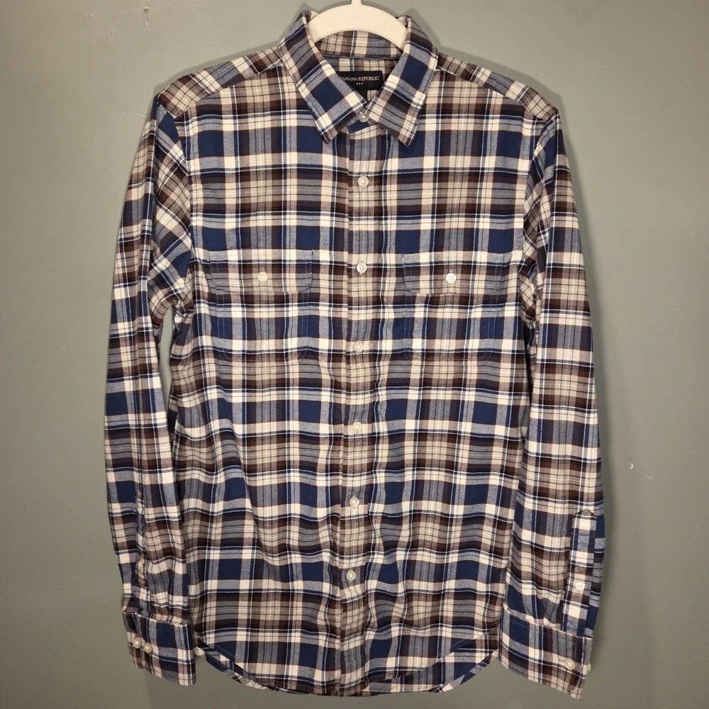 Banana Republic Men's Lightweight Flannel Plaid‎ Shirt 100% Cotton, Size S